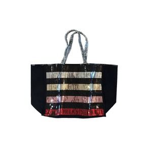 NEW Victorias Secret Large Sequin Tote Bag Black Colorful Stripe Bling Weekender